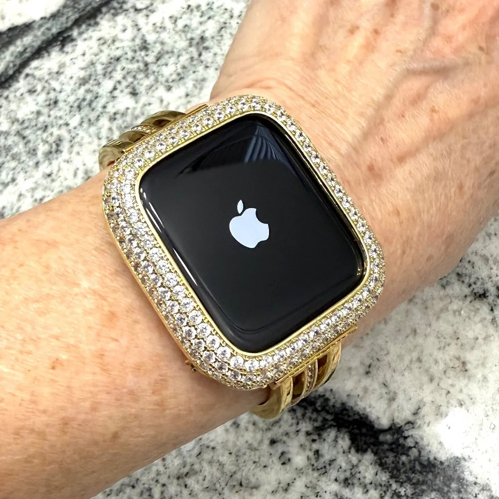 2 pc Apple Watch set white gold lab diamond case and crystal band classy bling
